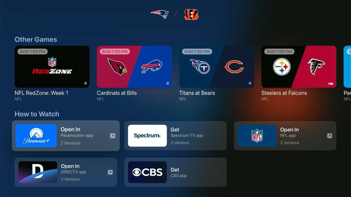 Apple TV Where to Watch page for Bengals vs. Patriots