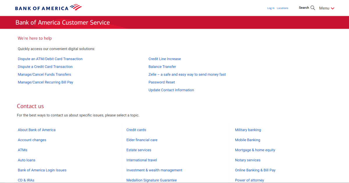 Bank of America contact information on the website