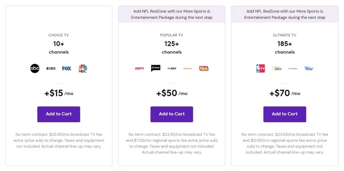 Comcast TV package selection with up to in broadcast and regional sports fees in the fine print