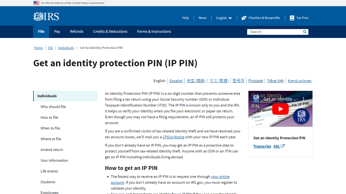 Identity Protection PIN Site (IRS.com)