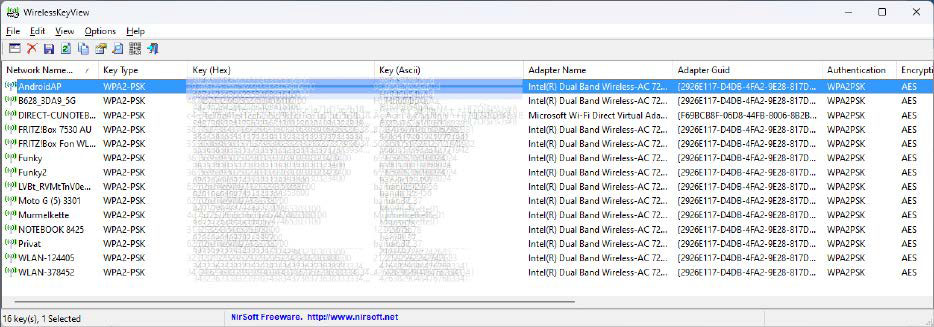 Wirelesskeyview listet in seinem Fenster die WLAN-Passwörter aller Funknetzwerke auf, bei denen Sie sich in der Vergangenheit eingeloggt hatten.