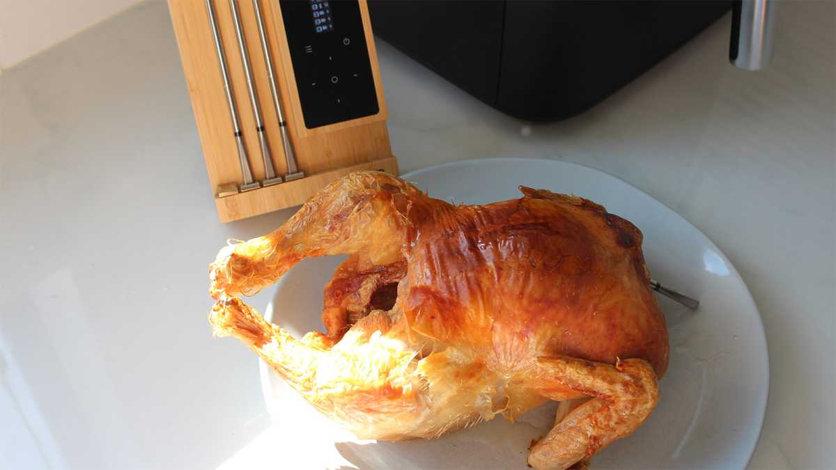 Chicken on a plate, with the Meater block behind