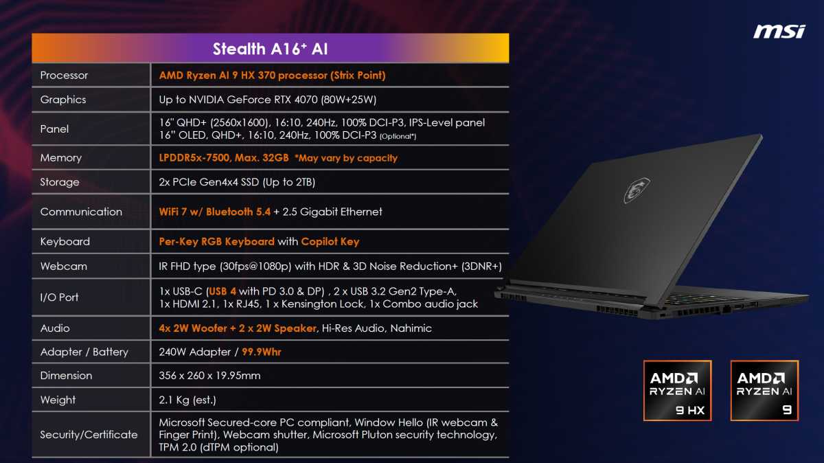 msi stealth laptop specs