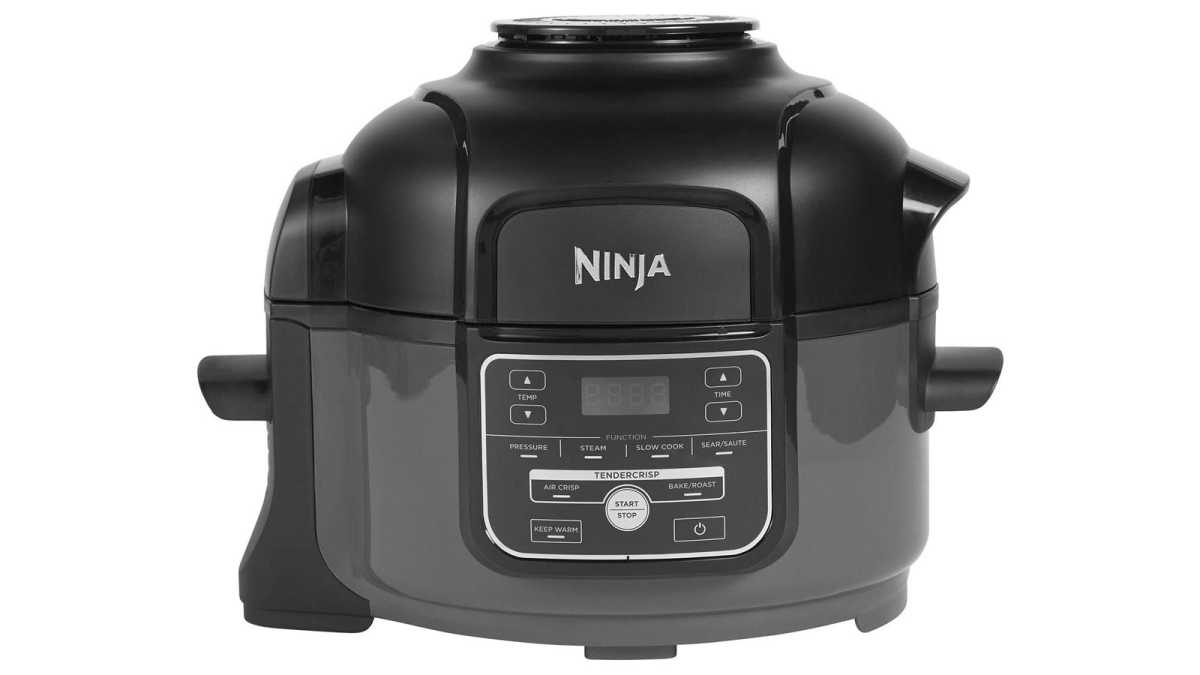 Ninja air fryer seen from the front, on a white backdrop