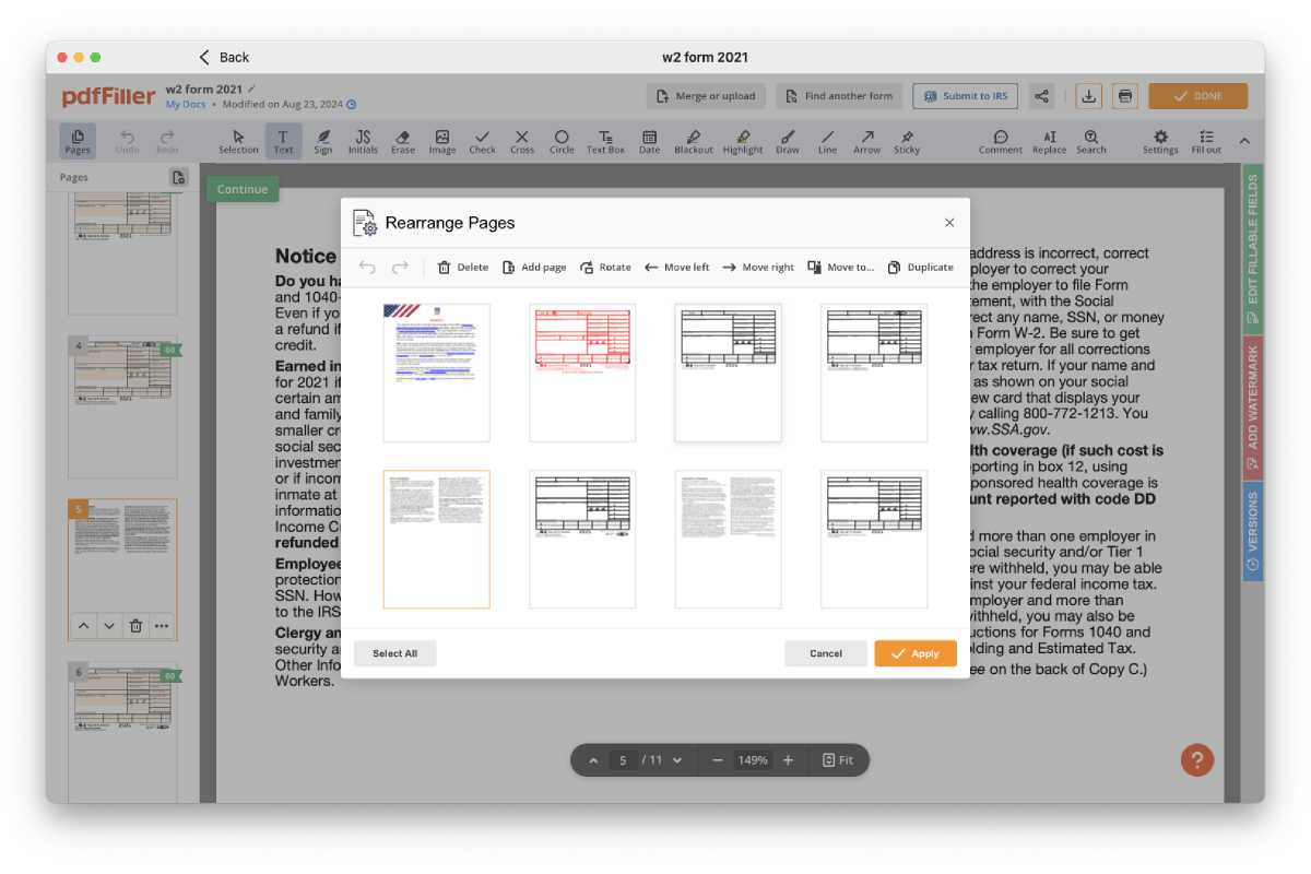 Rearranging pages in pdfFiller