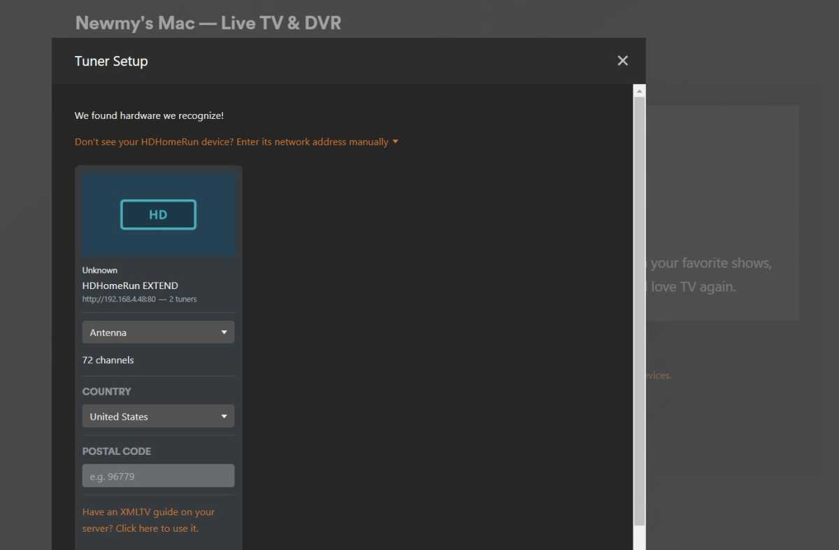 Plex DVR tuner detection screen