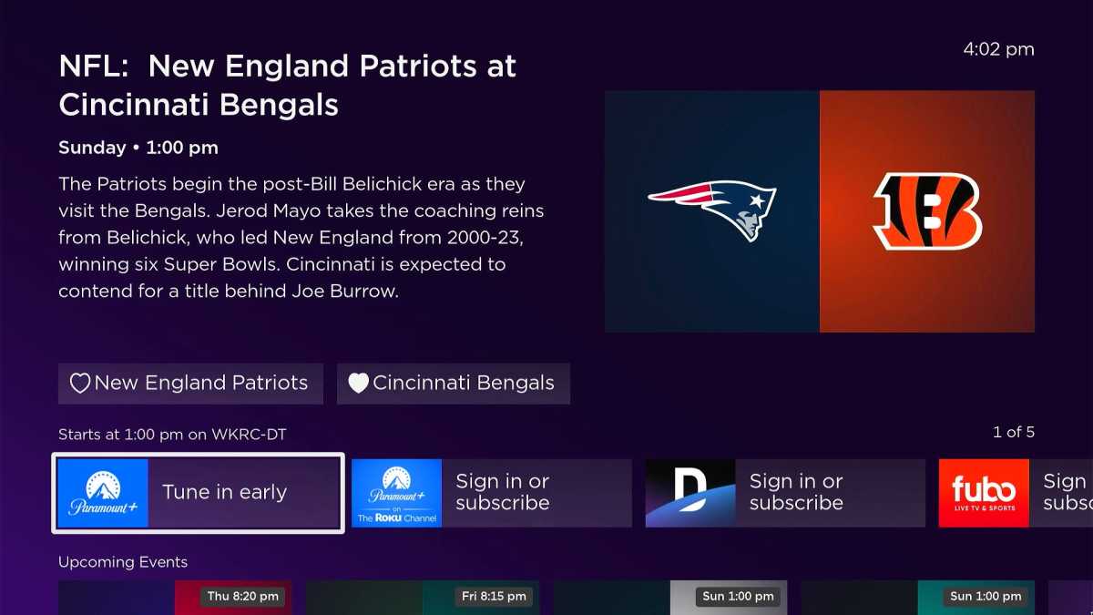 Roku Bengals. vs. Patriots page with options for where to watch