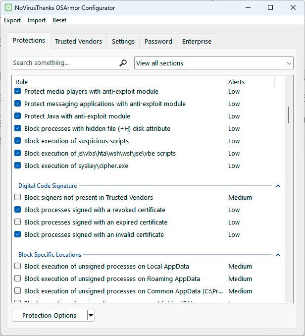 Der „Configurator“ von OS Armor versammelt eine lange Liste von Tweaks und Optionen, mit der Sie die Bestandteile von Windows vor Veränderungen und Angriffen schützen.