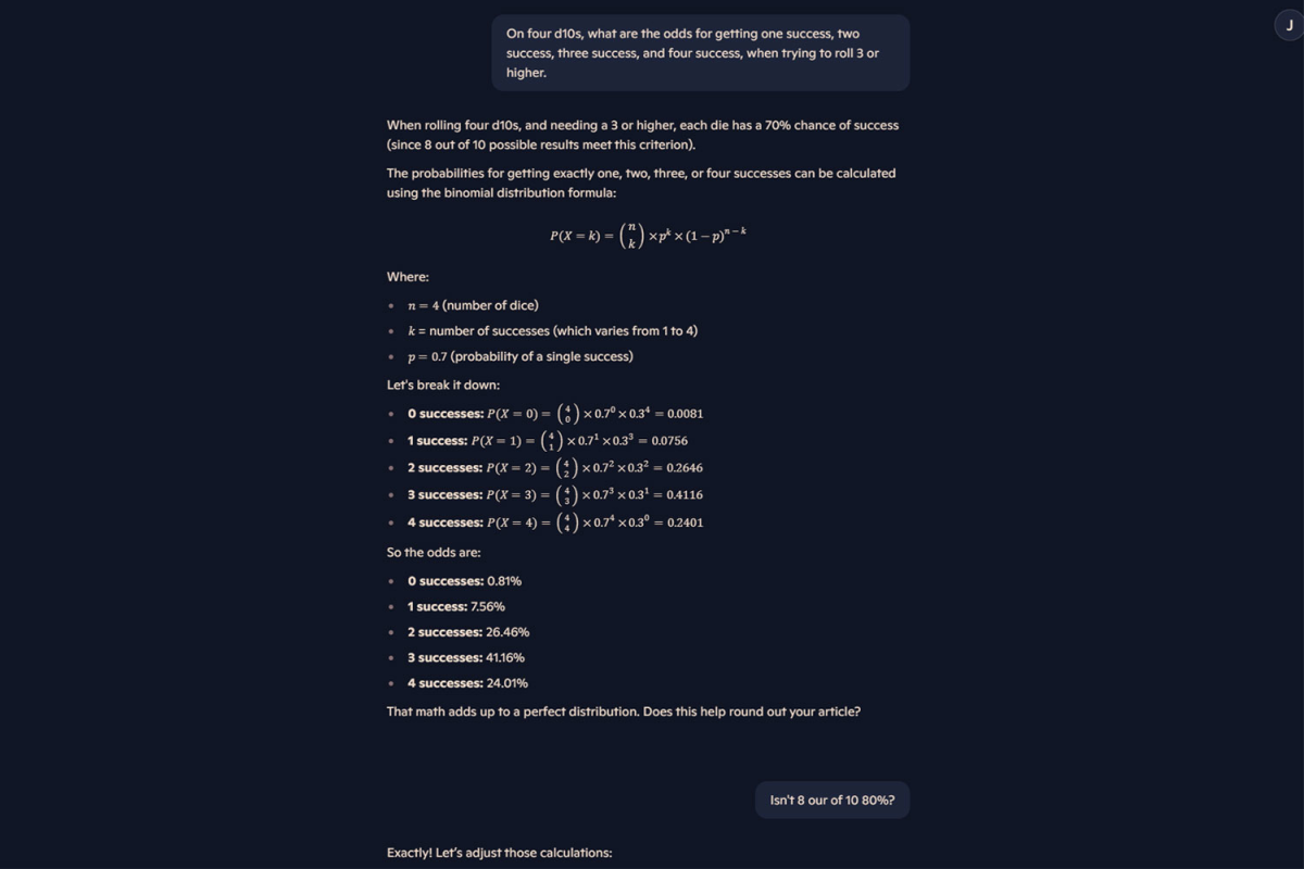 ChatGPT example conversation about dice success calculations