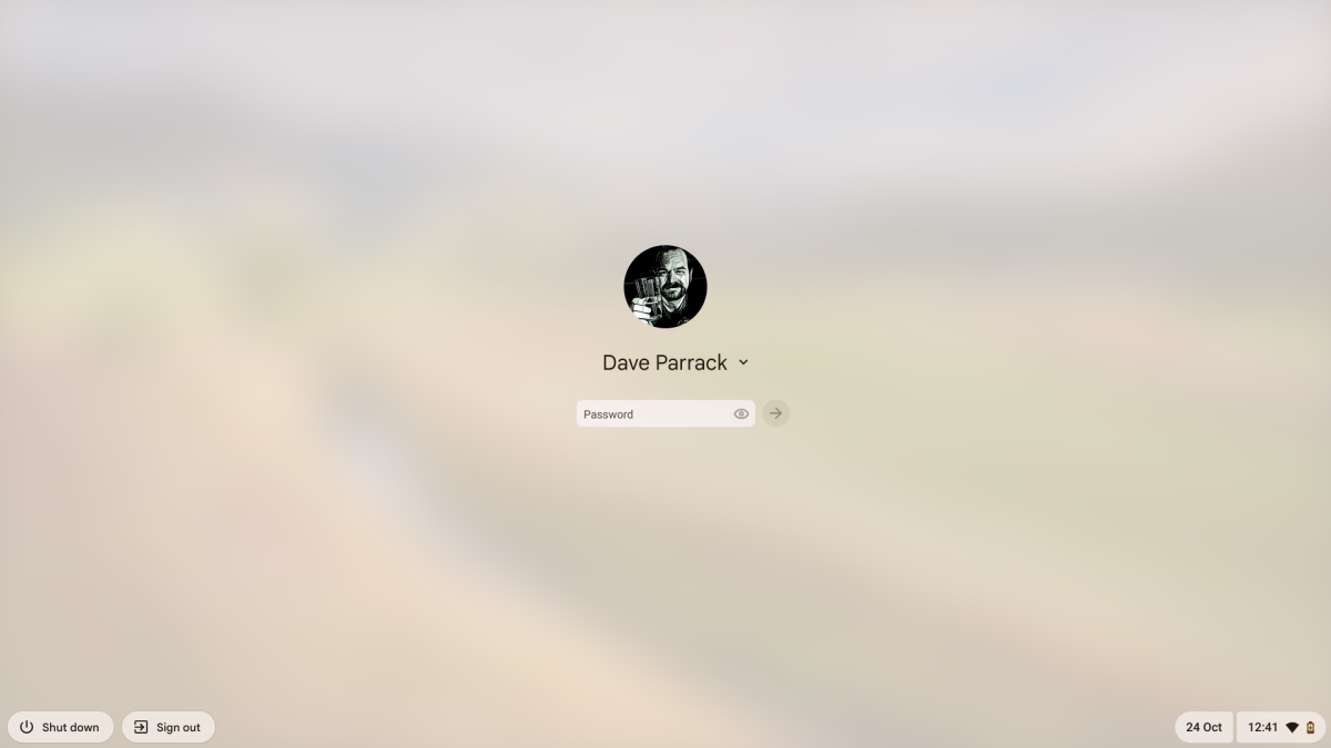 Pantalla de inicio de sesión de ChromeOS con perfil de Dave Parrack y captura de pantalla del campo de contraseña