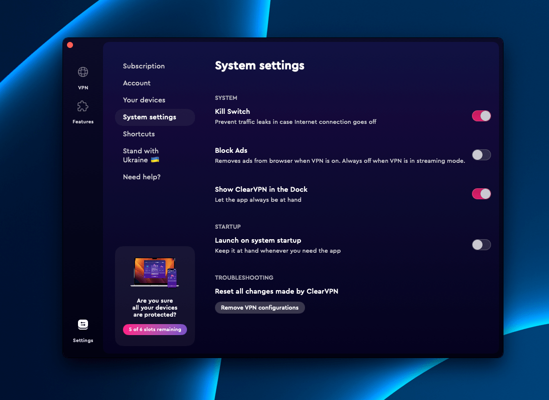 Configuración del sistema ClearVPN