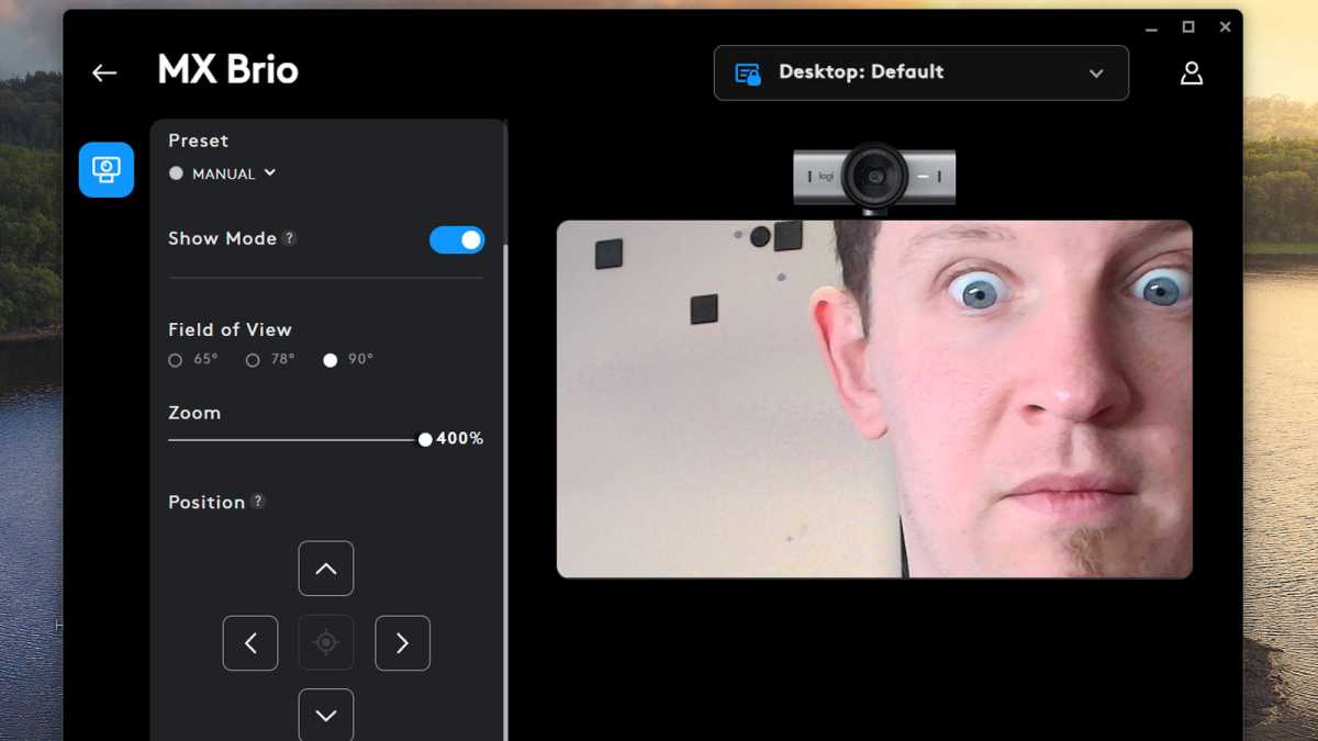Logitech MX Brio webcam settings dashboard presets
