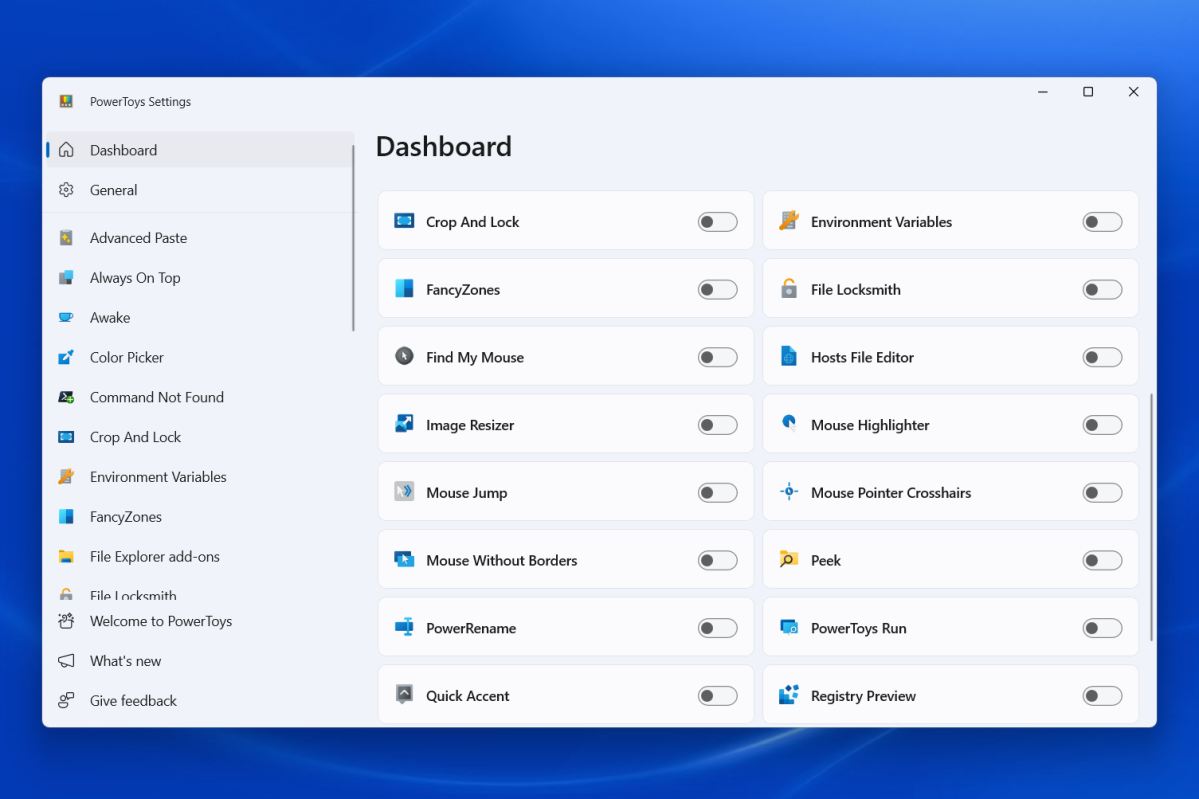 Microsoft PowerToys dashboard in Windows 11 screenshot