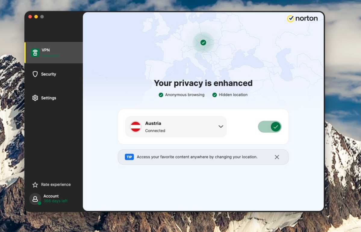 Norton VPN Start Screen Connected