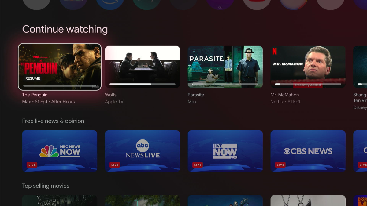 Google TV's Continue Watching menu with programs from Max, Apple TV, and Netflix