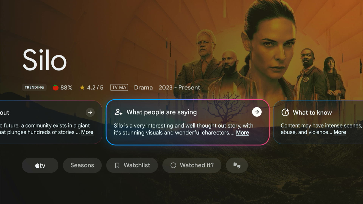 Google TV show page for Silo with AI-generated review summaries