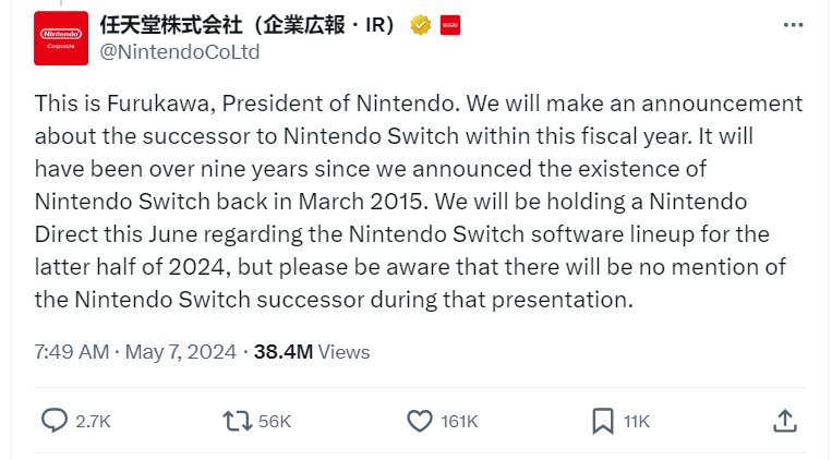 NintendoCoLtd Switch 2 tweet