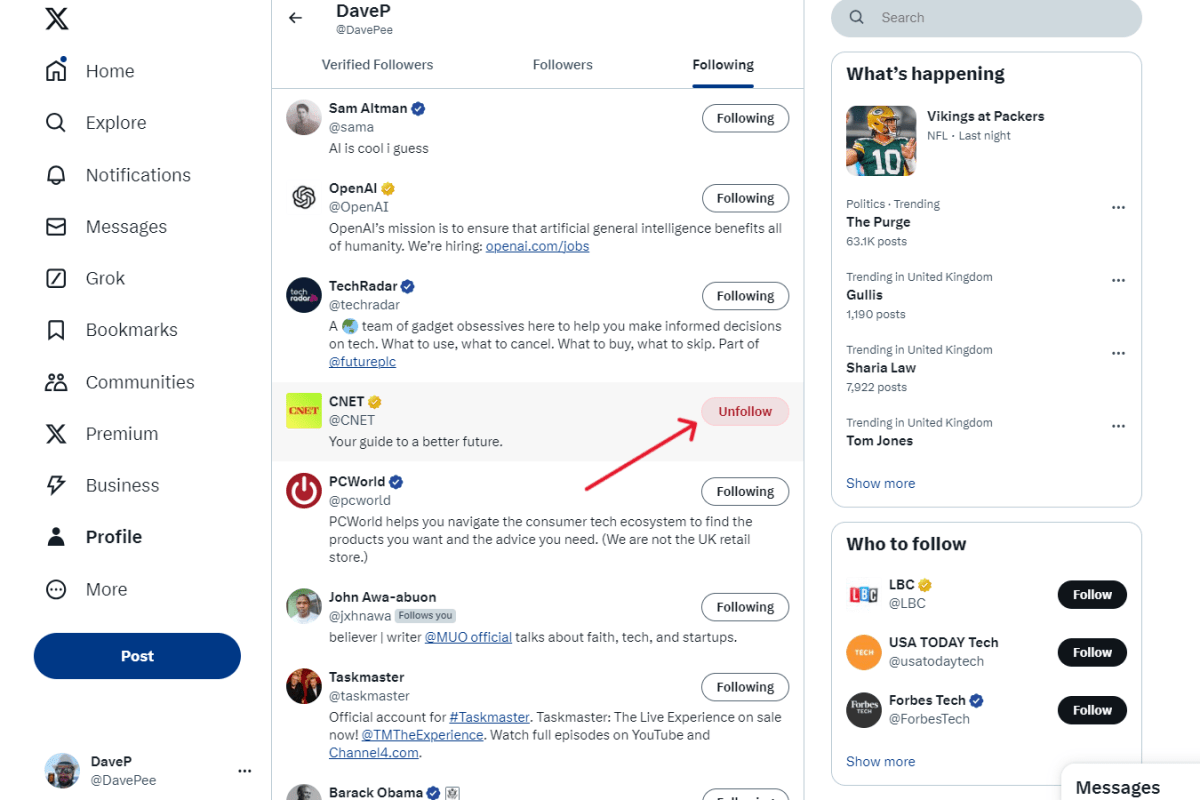 X Twitter screenshot with red arrow pointing to Unfollow button on CNET profile