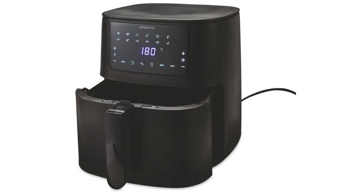 Black air fryer on a white background