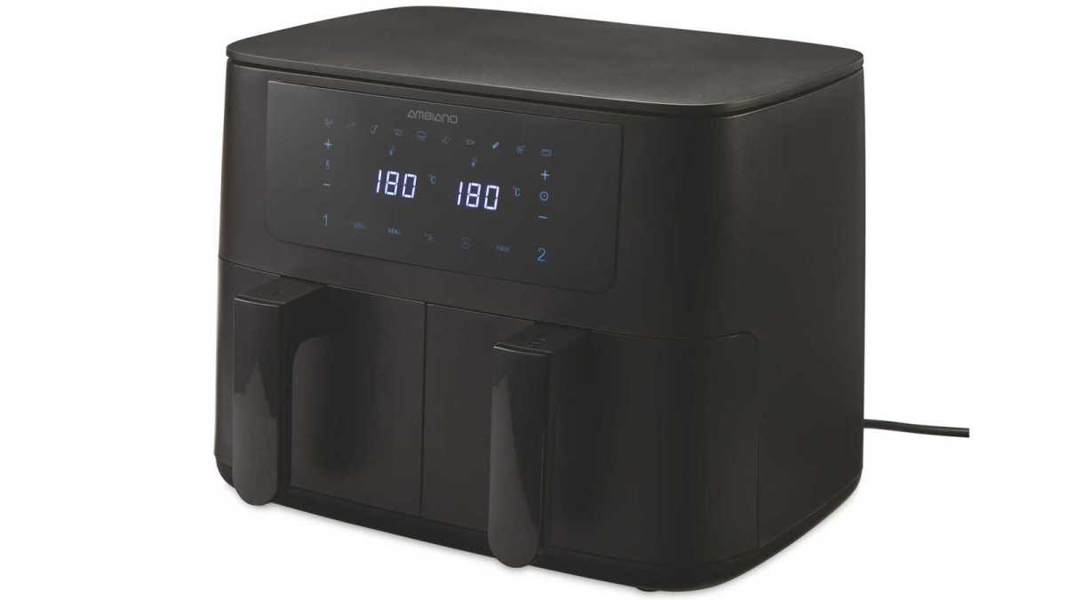 Black air fryer on a white background