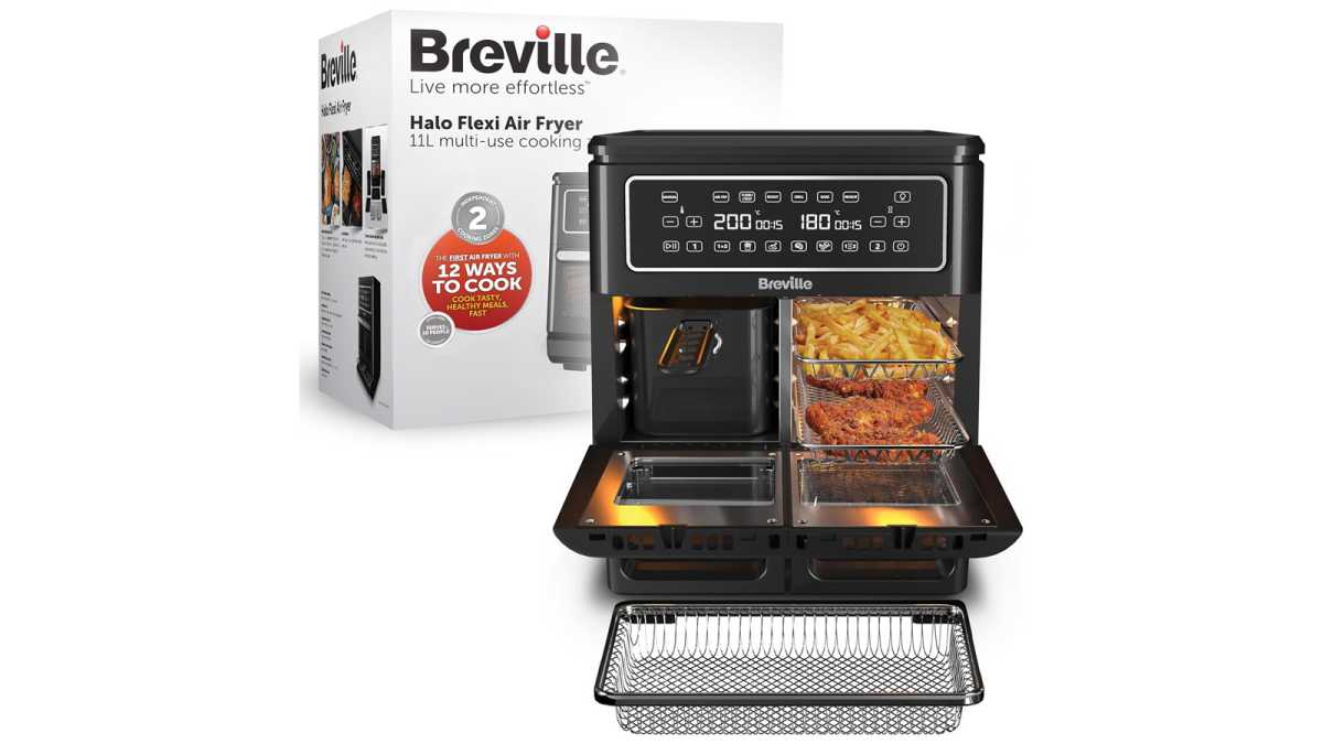 Breville Halo Flexi ir fryer oven, with its box, on a white background