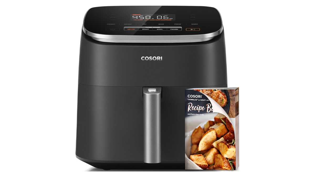 Front view of Cosori air fryer, with recipe book