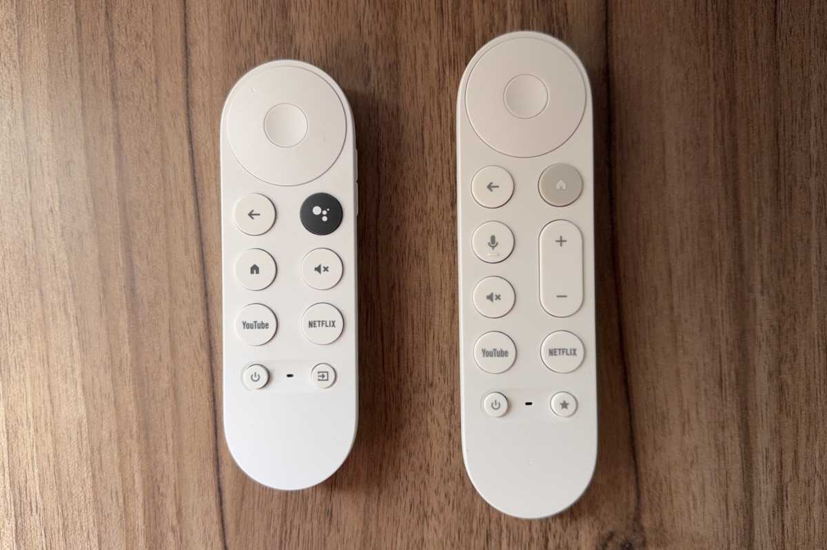 A Chromecast with Google TV remote and taller Google TV Streamer remote side-by-side