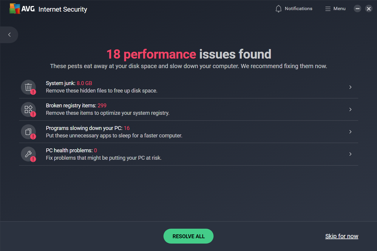 AVG Internet Security Performance Scan results (Oct 2024)