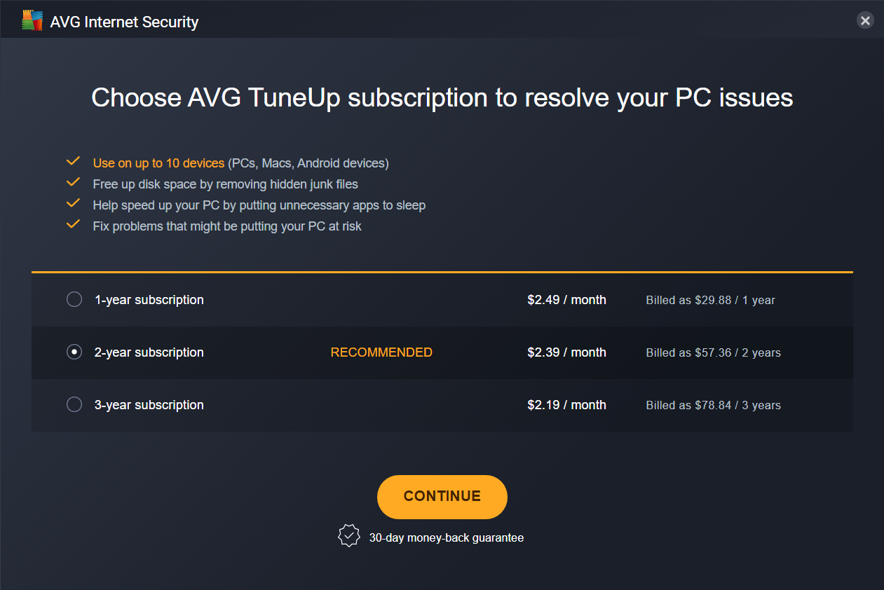 AVG Internet Security Performance Scan upsell (Oct 2024)