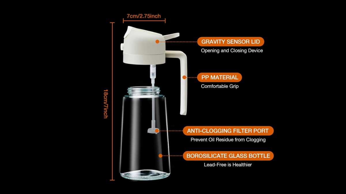 Oil spray bottle annotated, showing characteristics