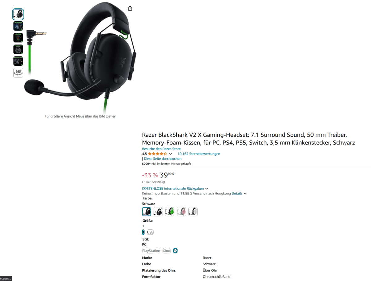 Razer BlackShark V2 X Gaming-Headset 7.1 Surround Sound Hongkong