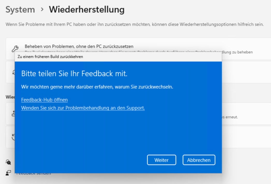 Windows 11 zurÃ¼ckkehren