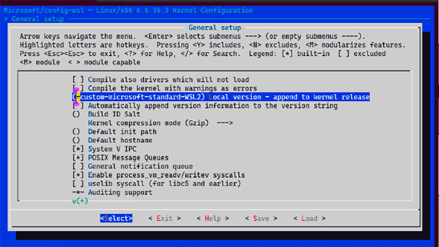 WSL-Kernel konfigurieren: Über „menuconfig“ lässt sich die Kernel- Konfiguration bearbeiten. Die Angabe bei „Local version“ hilft dabei, Kernel-Versionen zu unterscheiden.