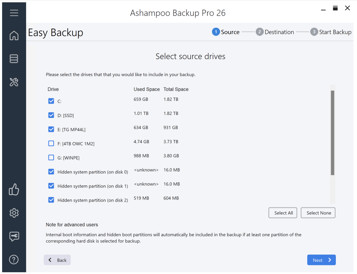 Ashampoo Backup Pro 26 partition selection