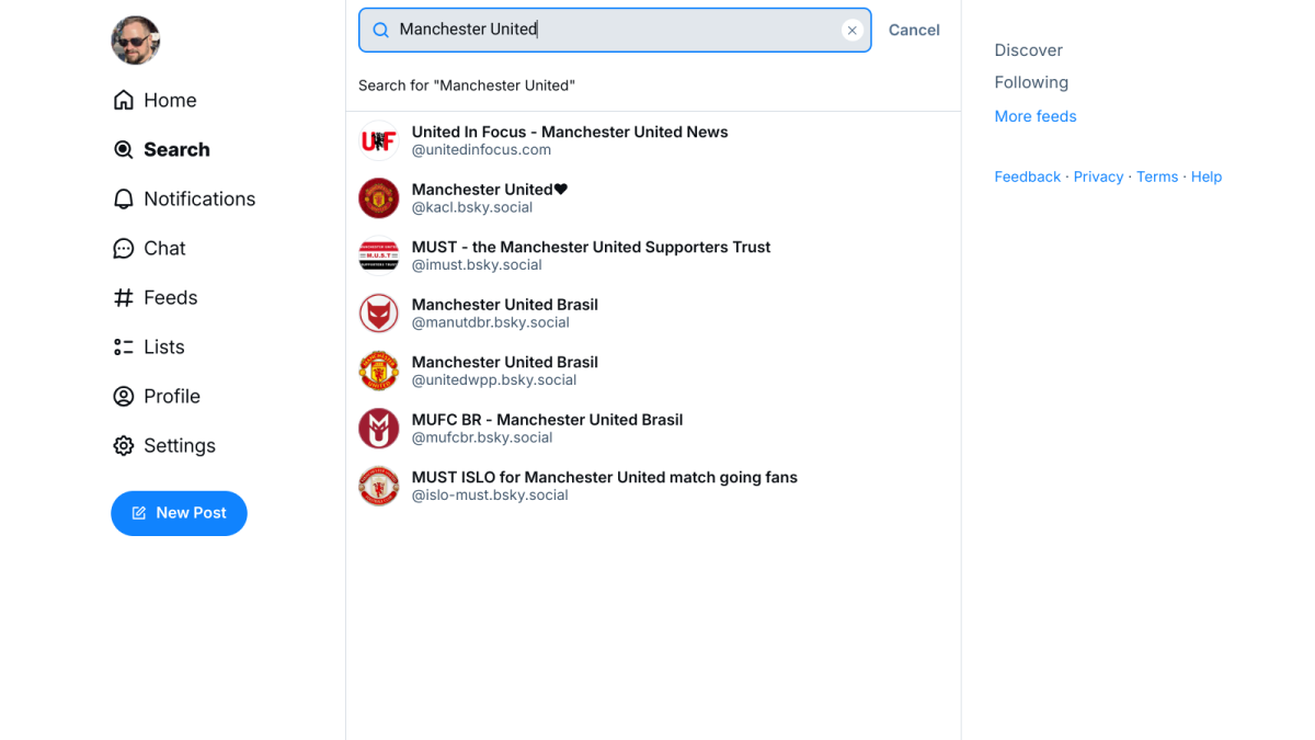 Bluesky social media Search Manchester United screenshot