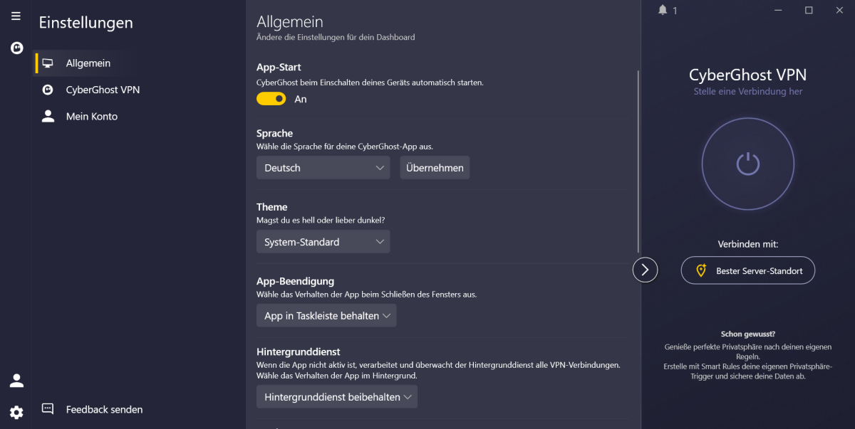 Cyberghost VPN - Einstellungen