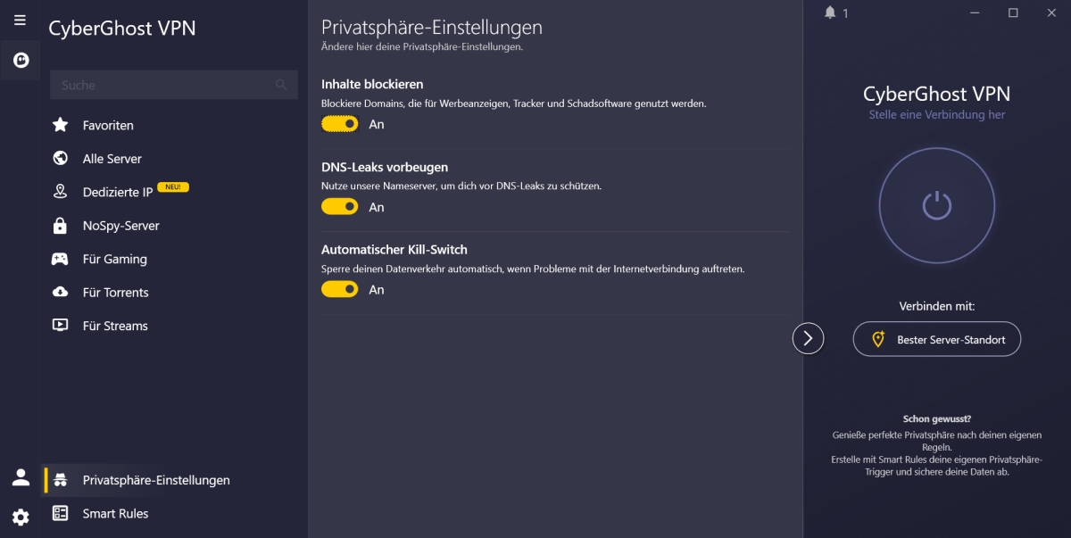 Cyberghost VPN - Privatsphäre