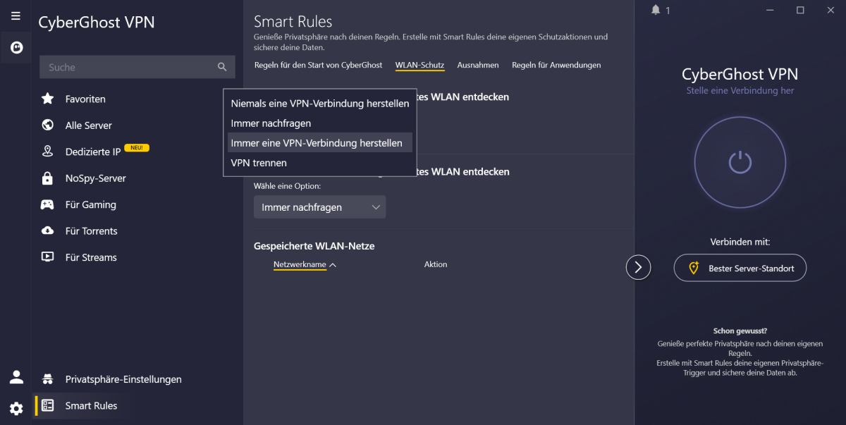 Cyberghost VPN - Smart Rules WLAN-Schutz