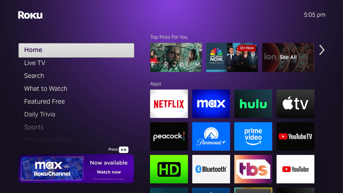 Roku home screen with sidebar menu, bottom-left add, "Top Picks" row, and app grid