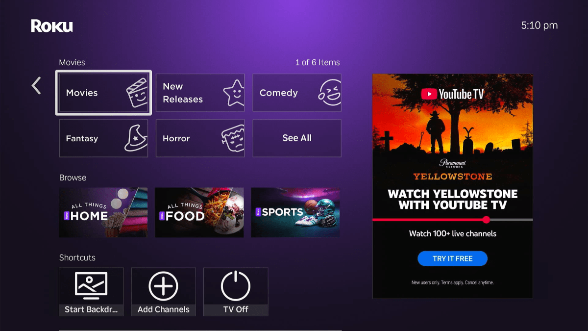 Clutter in Roku's app grid, including genres, shortcuts, and content recommendations