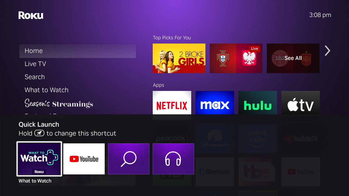 Roku Quick Launch menu with shortcuts to What to Watch, YouTube, search, and headphones