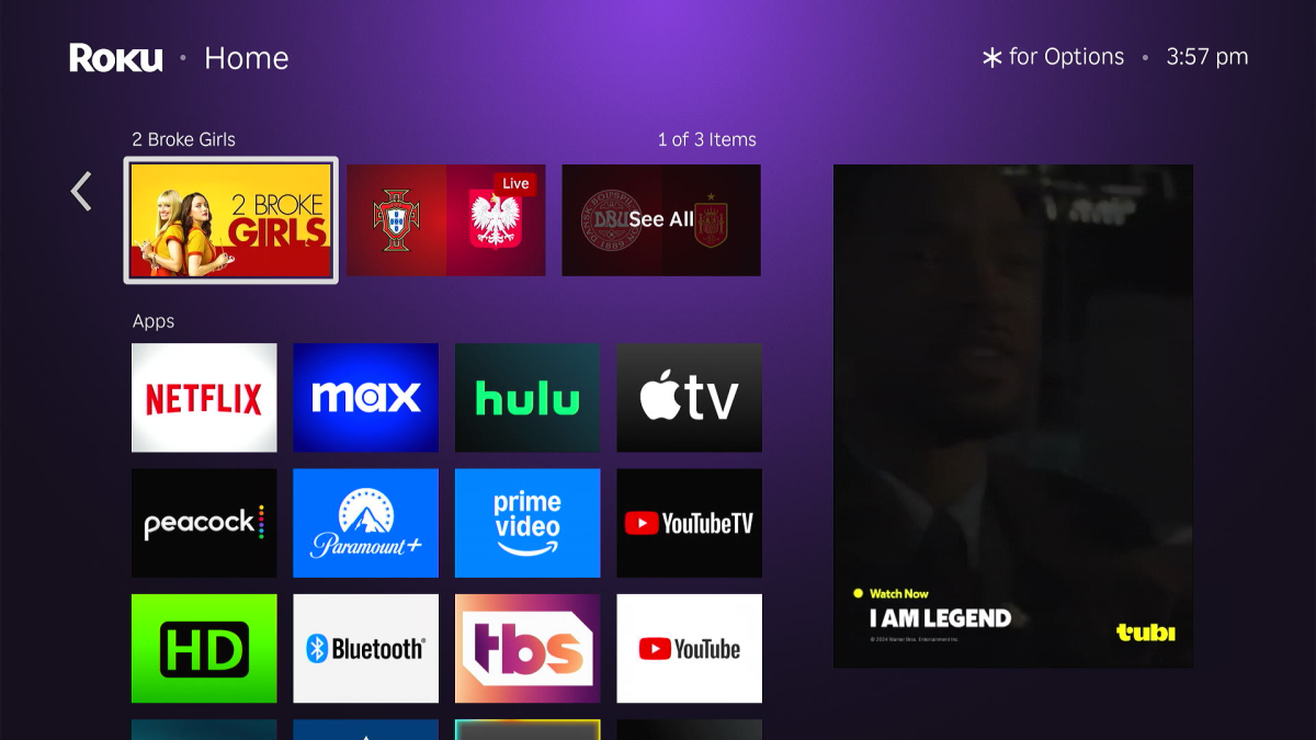 The Roku app grid with a banner ad on the right side