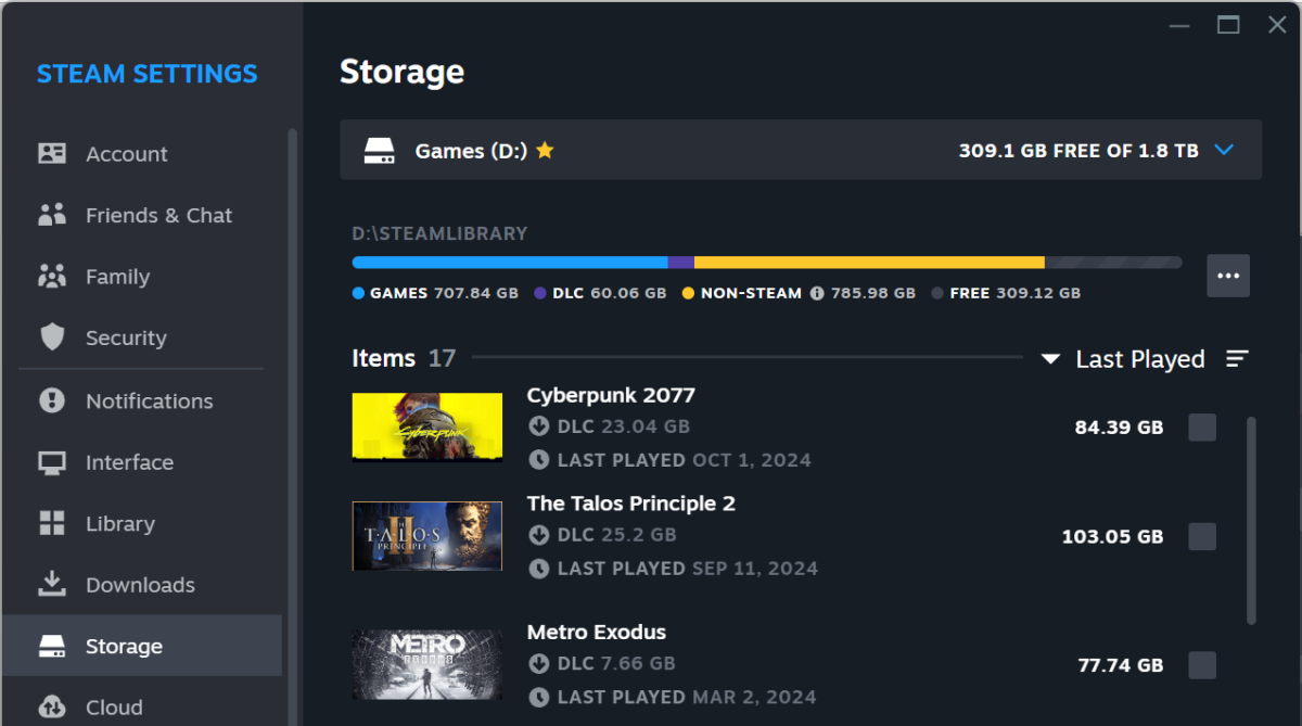 Steam storage settings screenshot