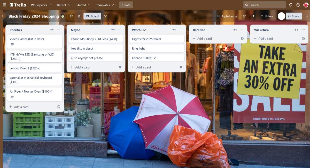 Sample Black Friday Trello board