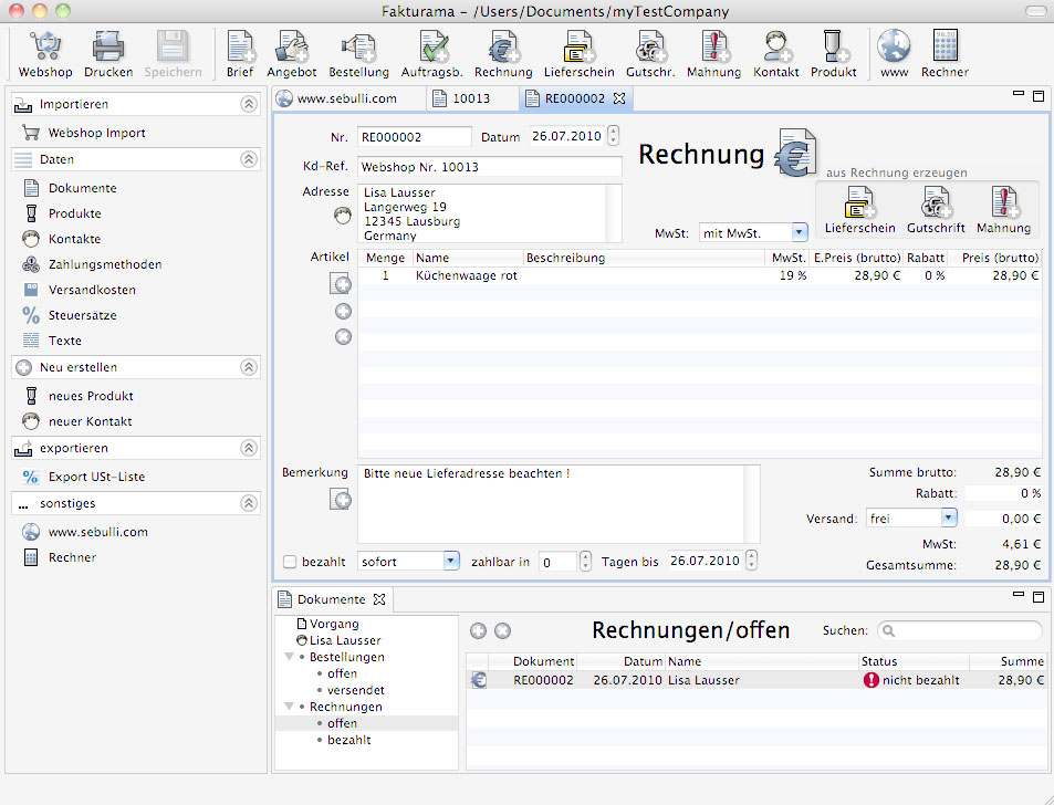 Buchhaltung unter Linux: Fakturama bietet die wichtigsten Funktionen rund um die Kundenverwaltung und Rechnungen. Das Programm kann auch E-Rechnungen erstellen.