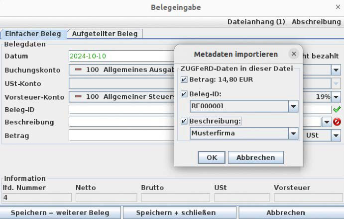 E-Rechnungen erfassen: Jes hilft bei der Erstellung von Einnahmenüberschussrechnungen und kann bei der Belegerfassung Werte aus ZUGFeRDPDFs übernehmen.