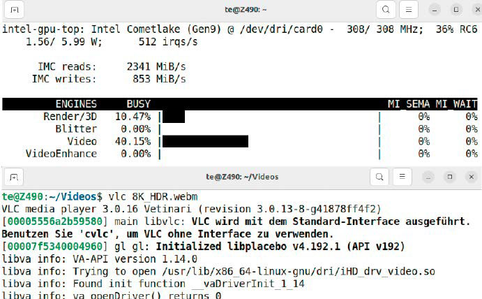 VA-API in der Praxis: Im Terminal gestartet gibt der VLC Media Player aus, ob er „hardware decoding“ verwendet. Das Tool intel_gpu_top zeigt die GPU-Auslastung.