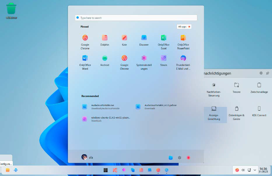 Das Startmenü von Wubuntu erinnert stark an Windows 11, das Menü im Infobereich rechts unten schon weniger. Insgesamt kommt aber kein anderes Linux dem Aussehen von Windows 11 näher.