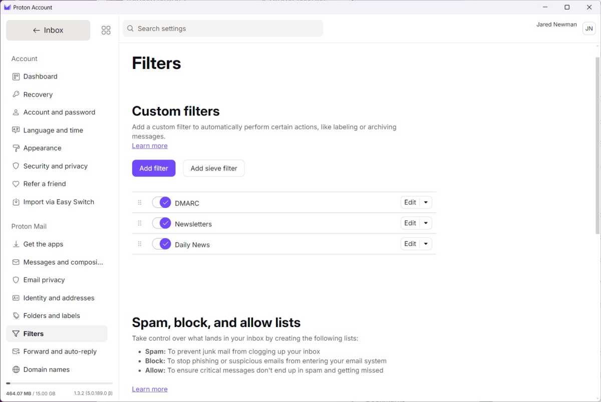 Proton's Filters menu with filters for Newsletters and Daily News