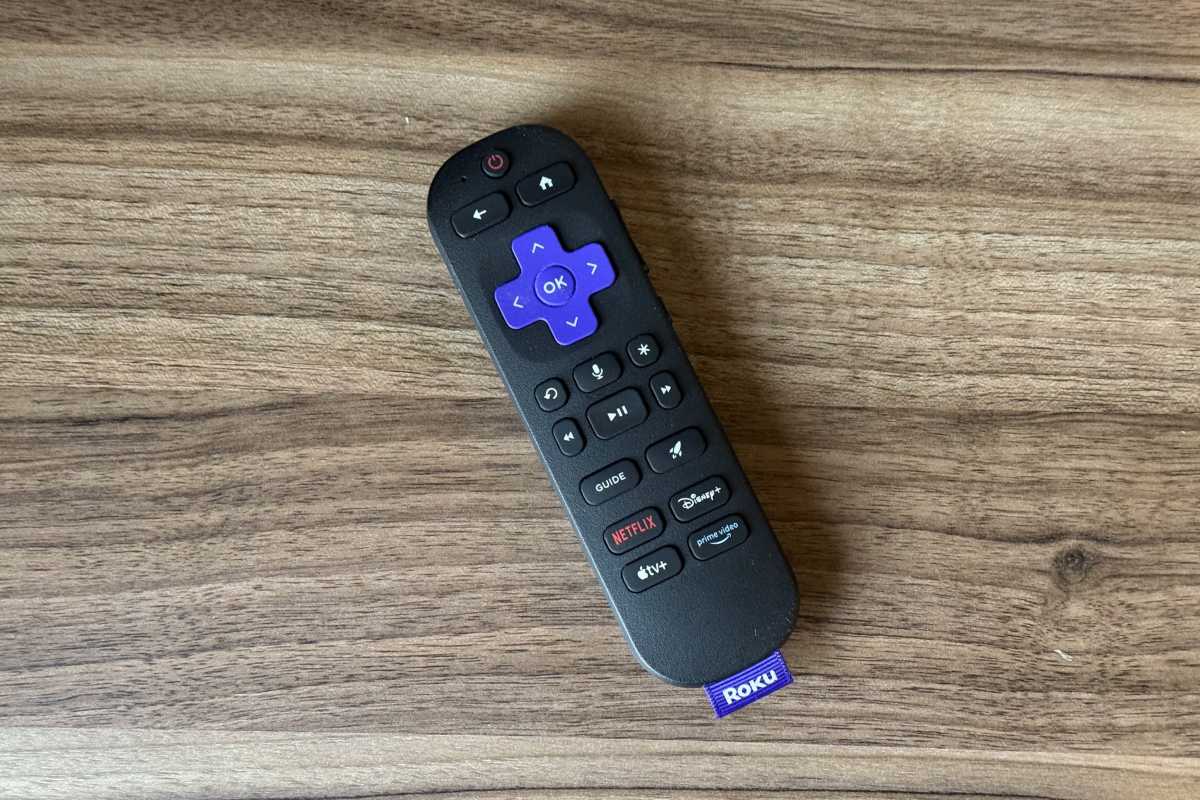 Roku Voice Remote Pro, with D-pad, replay, voice control, star button, playback controls, guide button, shortcut button, and app shortcuts